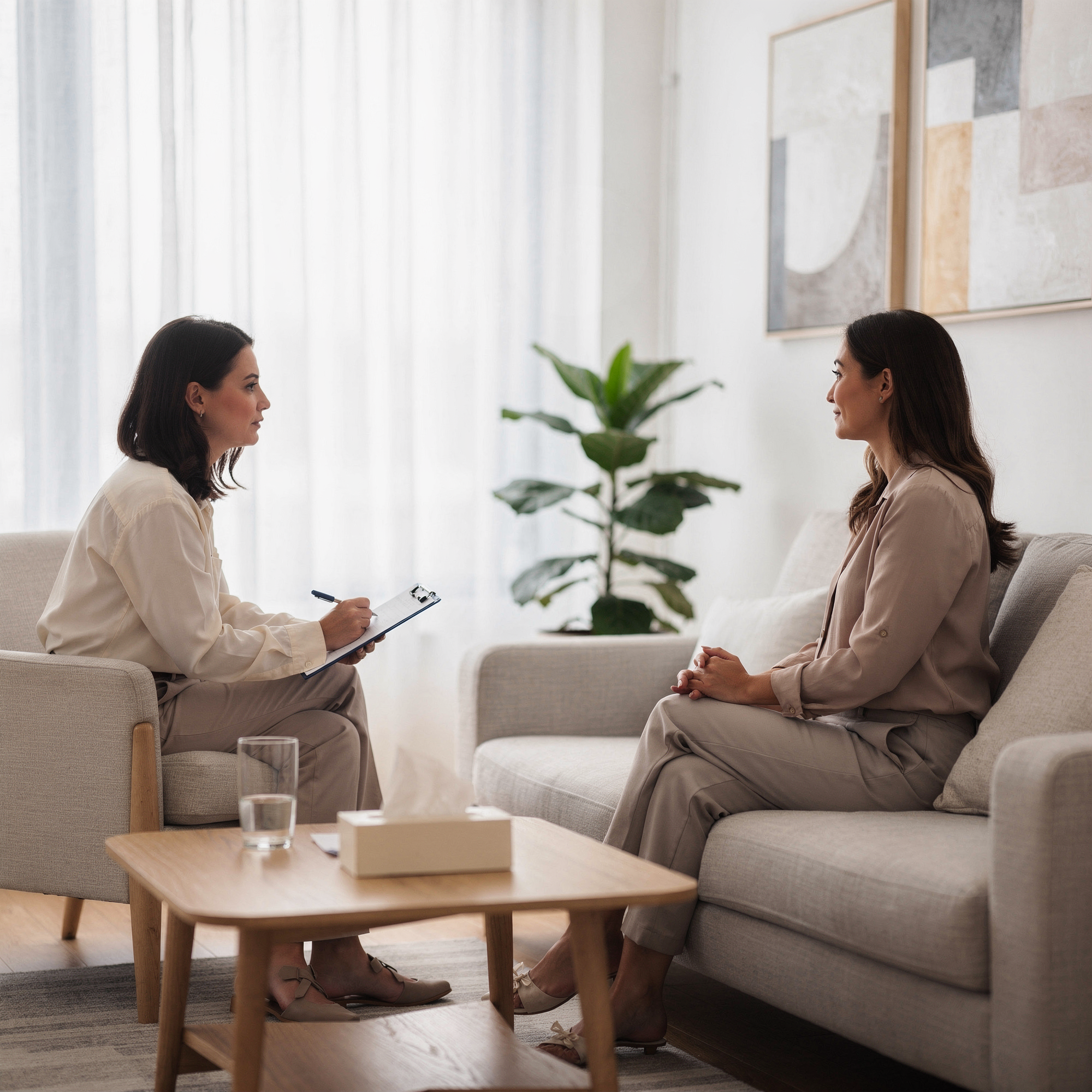 Healthcare provider taking notes while consulting with patient in bright, modern clinical office with plant and artwork